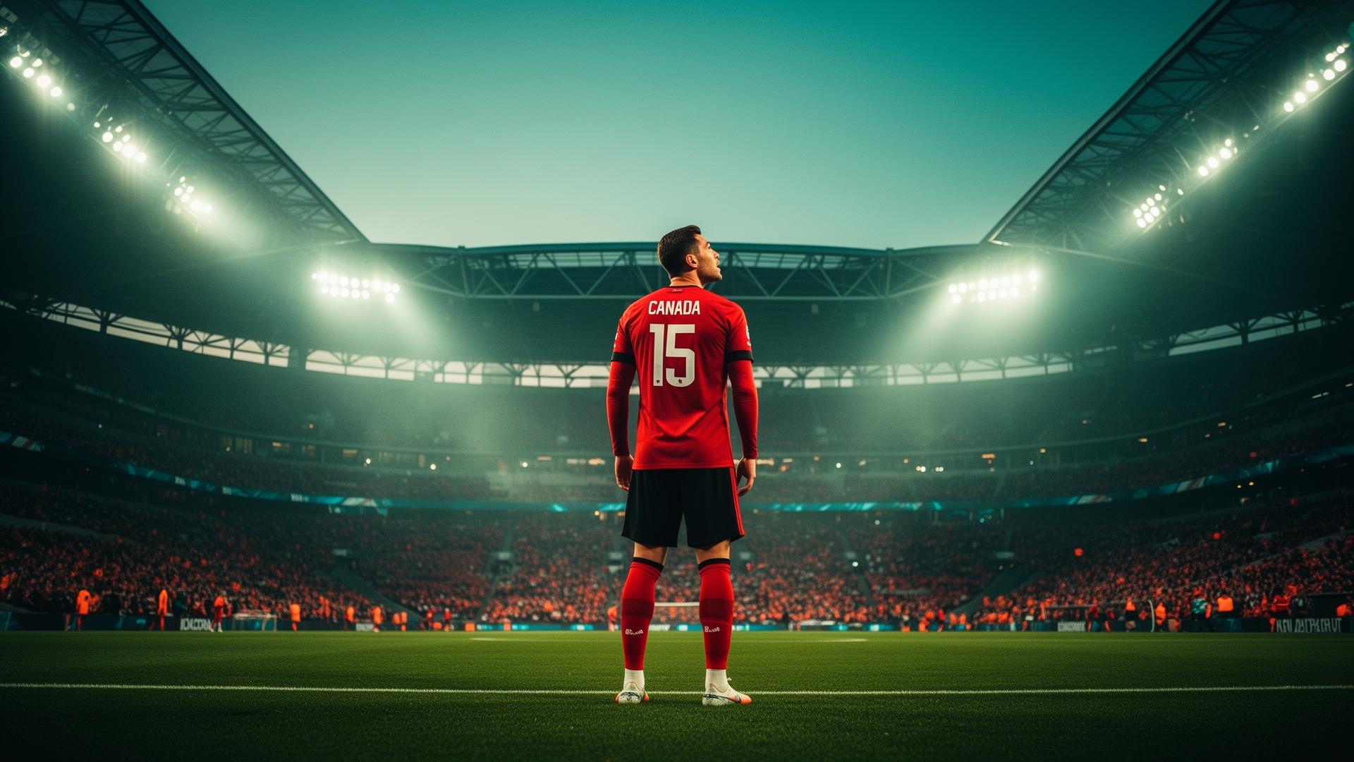 A Canadian men's national team player in red kit stands alone on the BC Place pitch under floodlights before kickoff