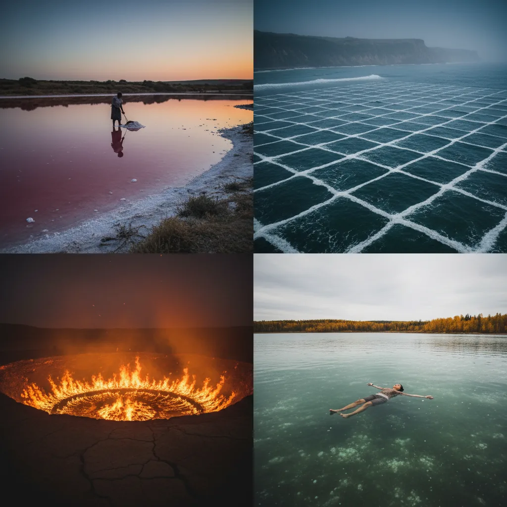 10 Photos That Look 100% Photoshopped — But Every Single One Is Real — A pink lake in Senegal. A perfect grid of waves off France. A 50-year-old fire pit in Turkmenistan. A Saskatchewan lake you can float on like driftwood.