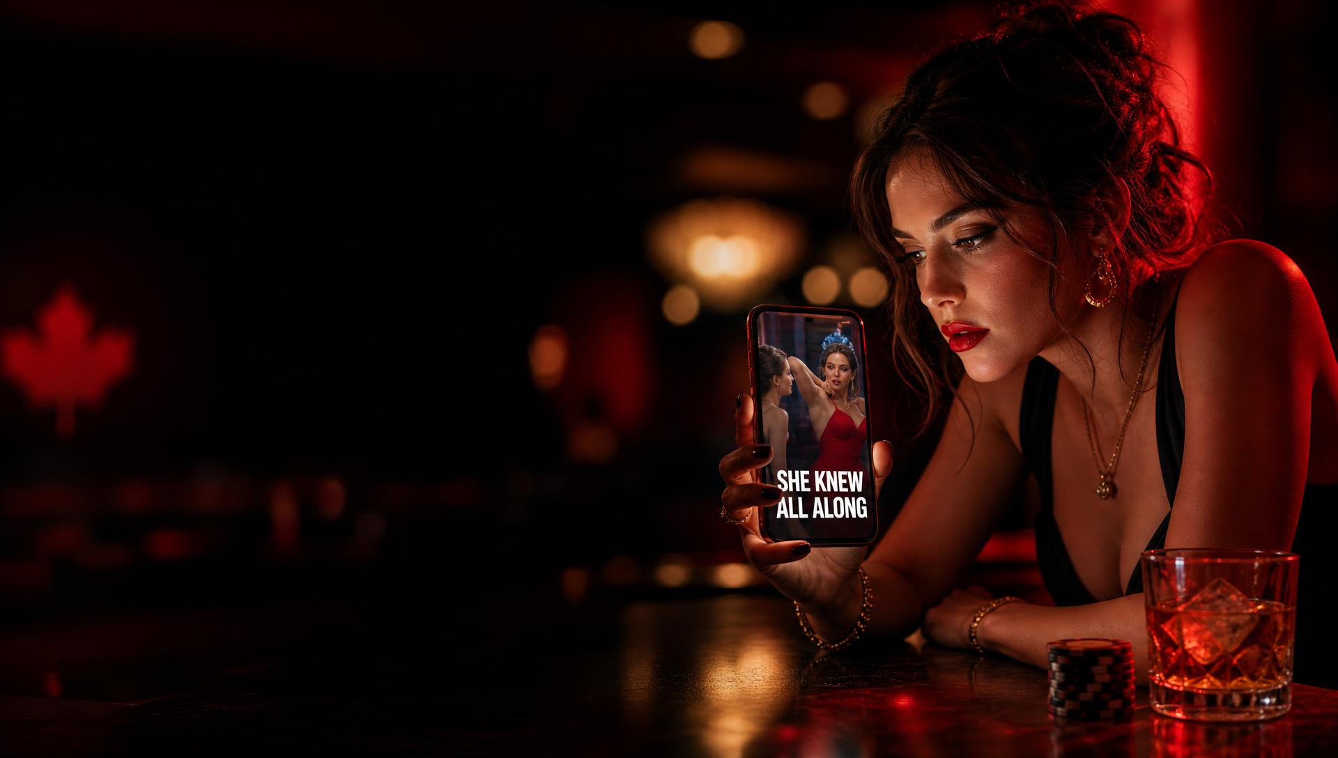 Woman at a dark Canadian casino bar transfixed by a vertical microdrama on her phone, red neon rim light, whiskey glass and poker chips on the bar